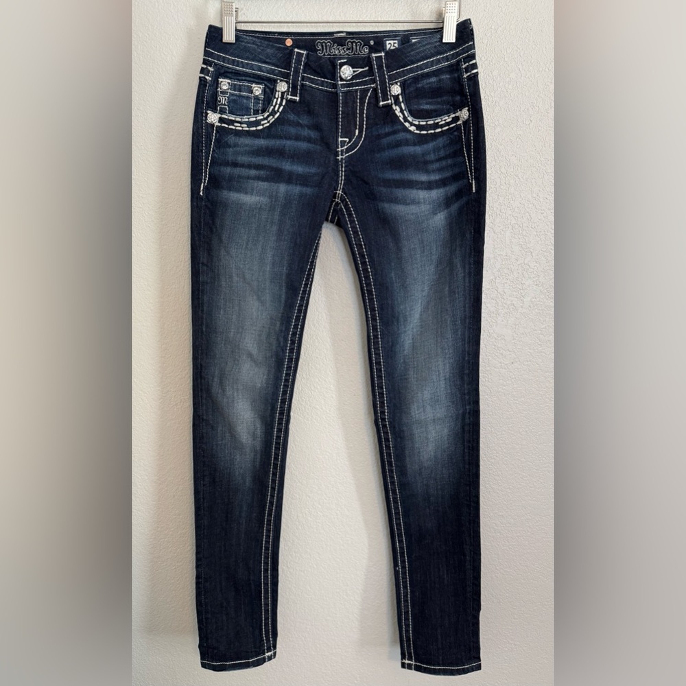 Miss Me Dark Wash Skinny with Rhinestones Bold Stitching Y2K